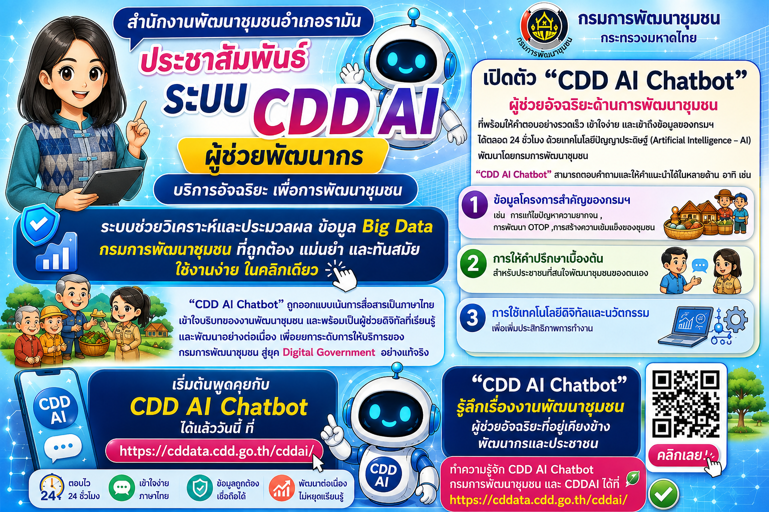 สำนักงานพัฒนาชุมชนอำเภอรามัน ขอเชิญชวนประชาชนและผู้สนใจ ร่วมใช้งาน ระบบ CDD AI Chatbot ผู้ช่วยอัจฉริยะด้านการพัฒนาชุมชน